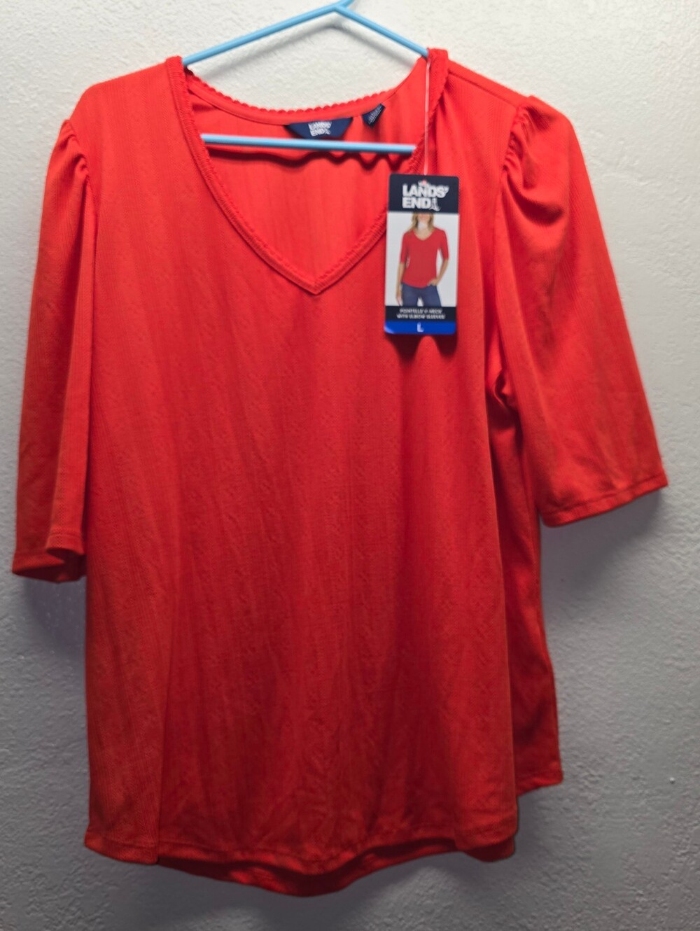 Lands' End Bright Red V-Neck Elbow Sleeve Top